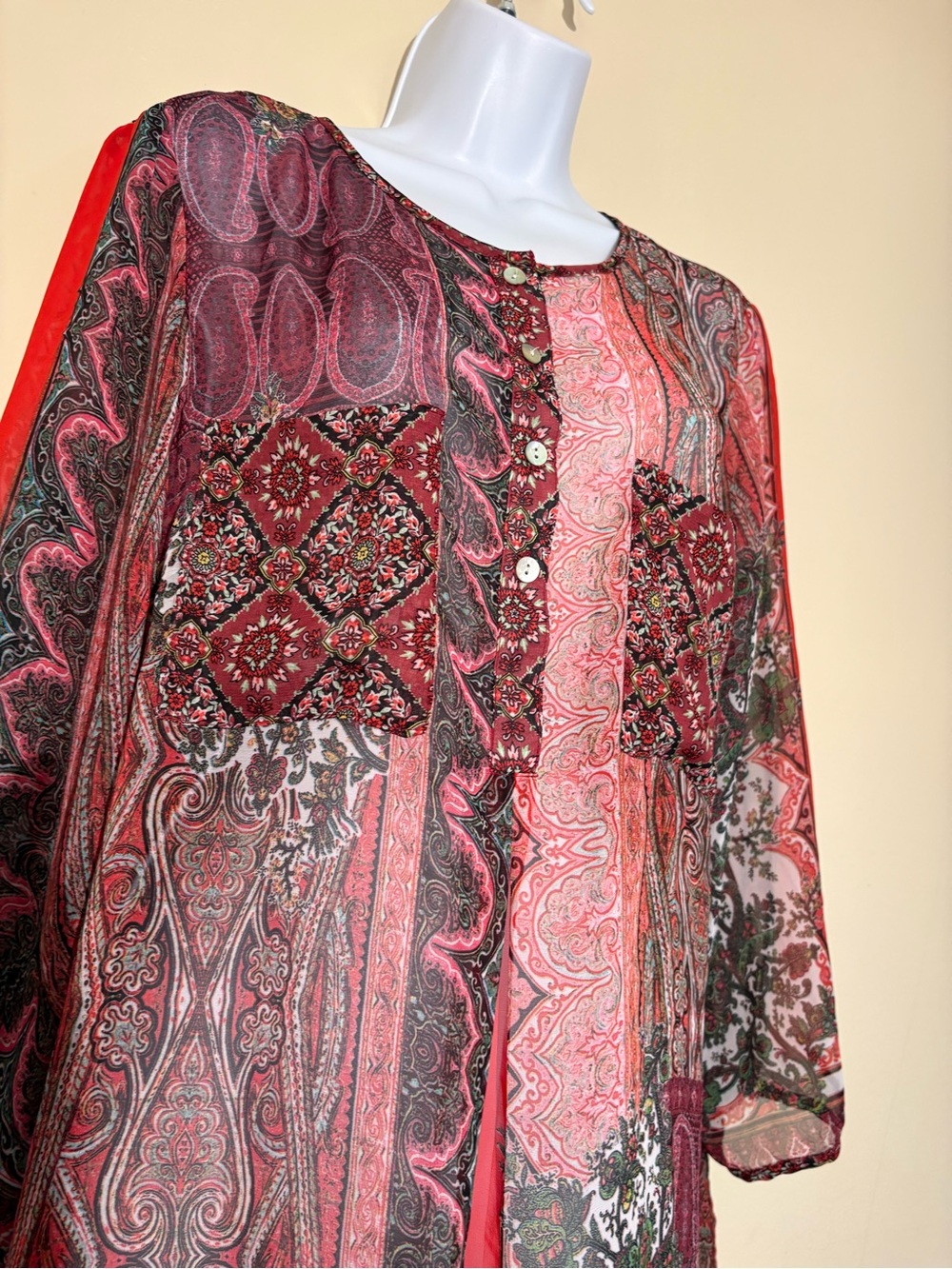 Anthropology Fig & FlowerSheer Top Paisley Patchwork Tunic in Red,Wine & Pink!